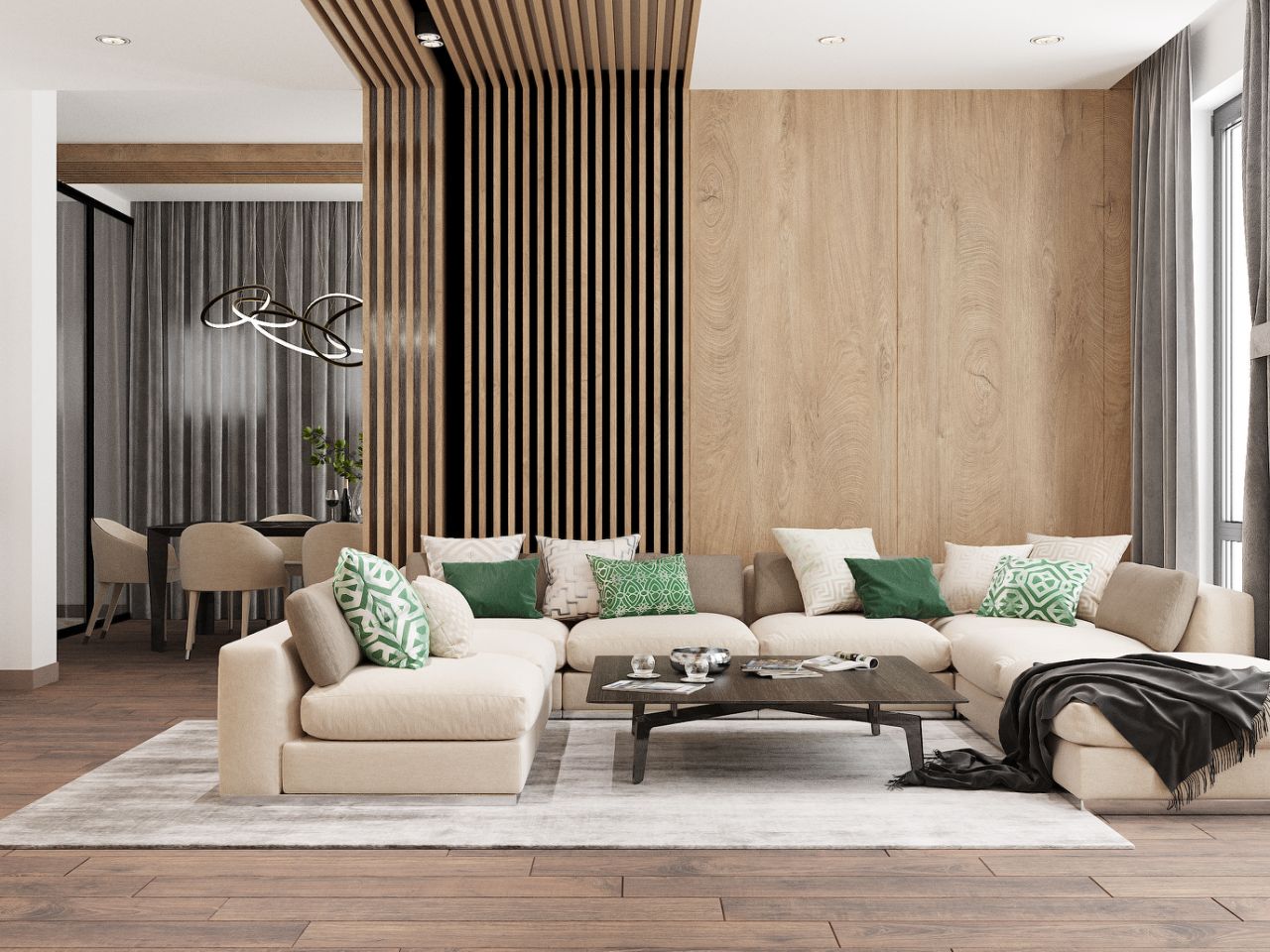 3D Rendering of a Chic modern living room with beige sofas, wooden accents, and green decorative pillows, leading to an elegant dining area.