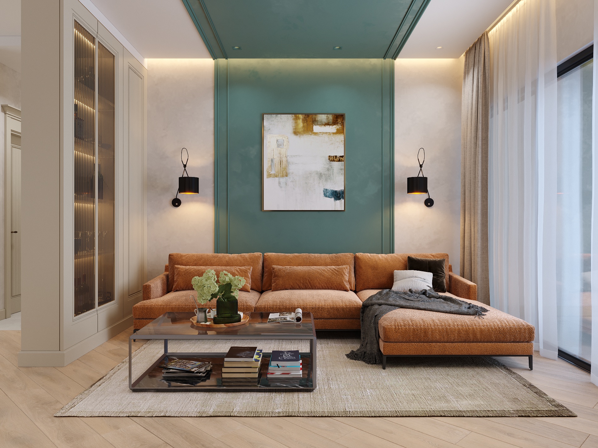 Chic living room in Limassol with a plush terracotta sofa set, elegant wall-mounted light fixtures, an abstract painting on a teal accent wall, and sheer curtains draping large windows.