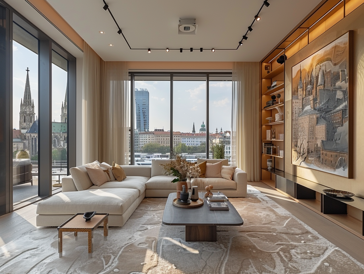 Luxurious living room with cityscape views, plush seating, and modern decor—ready for your personal touch.