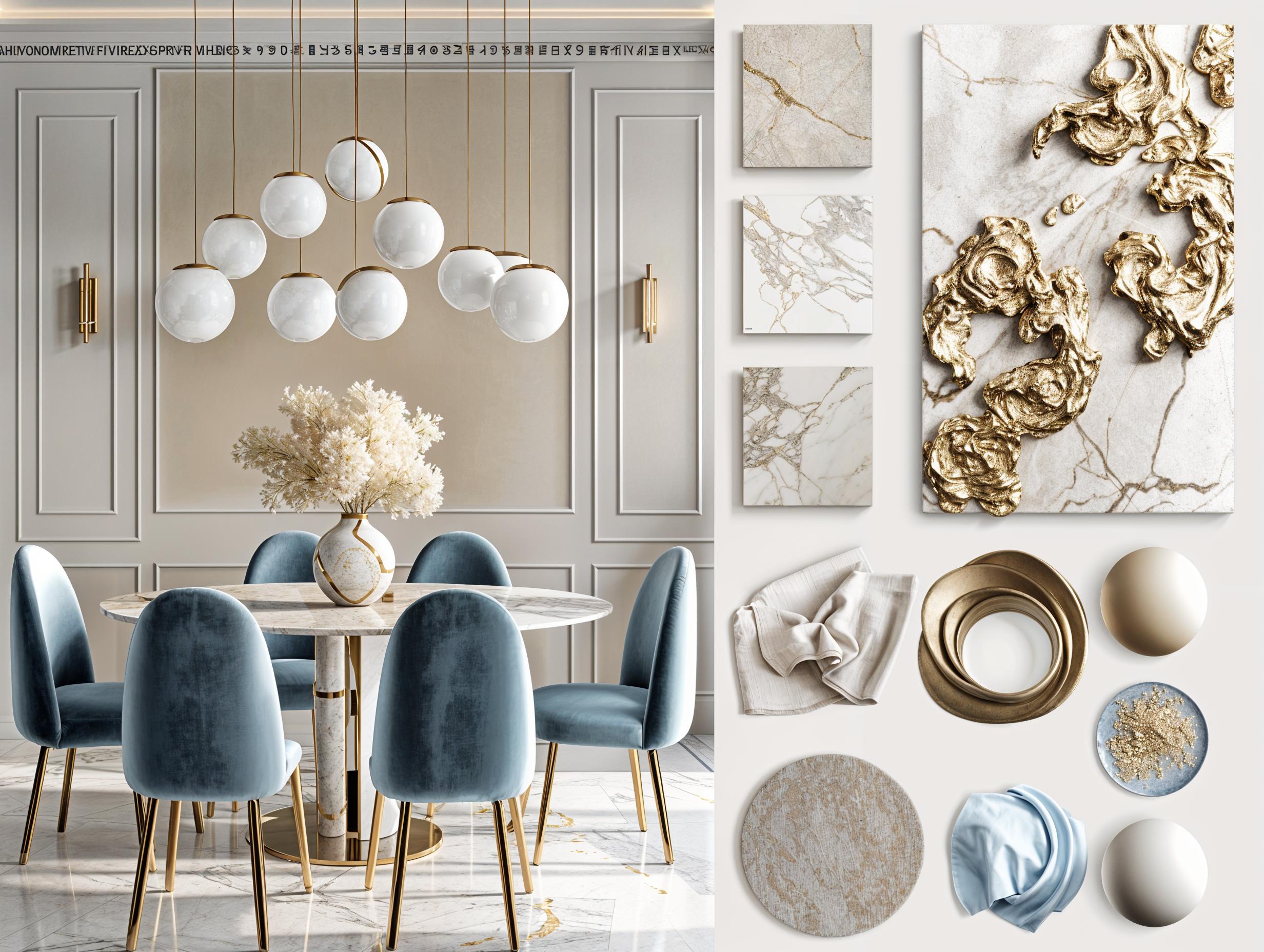 Elegant dining room interior with mood board showcasing the color palette and textures used in our Interior Design Services.